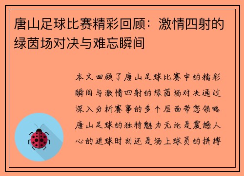 唐山足球比赛精彩回顾：激情四射的绿茵场对决与难忘瞬间