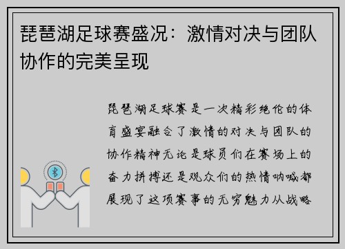 琵琶湖足球赛盛况：激情对决与团队协作的完美呈现