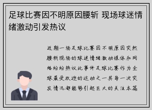 足球比赛因不明原因腰斩 现场球迷情绪激动引发热议