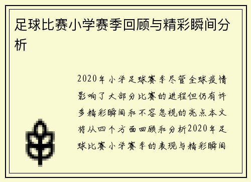 足球比赛小学赛季回顾与精彩瞬间分析