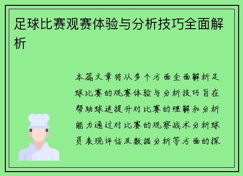 足球比赛观赛体验与分析技巧全面解析