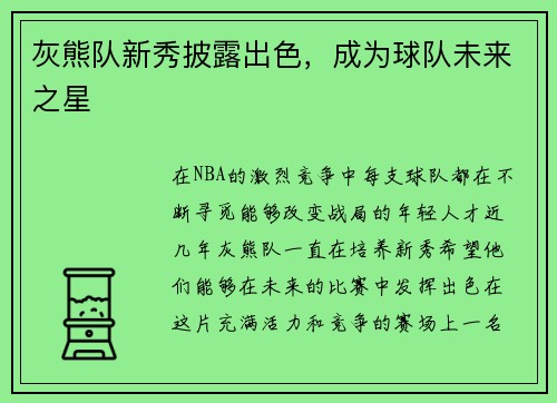 灰熊队新秀披露出色，成为球队未来之星