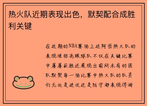 热火队近期表现出色，默契配合成胜利关键