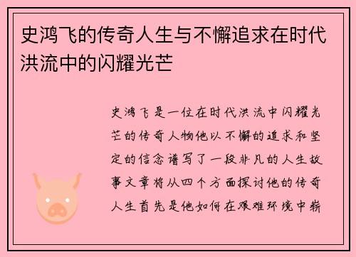 史鸿飞的传奇人生与不懈追求在时代洪流中的闪耀光芒