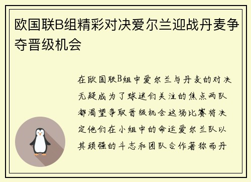 欧国联B组精彩对决爱尔兰迎战丹麦争夺晋级机会