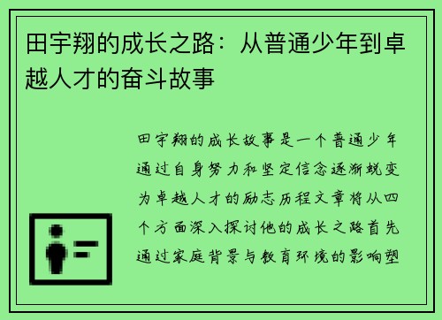 田宇翔的成长之路：从普通少年到卓越人才的奋斗故事
