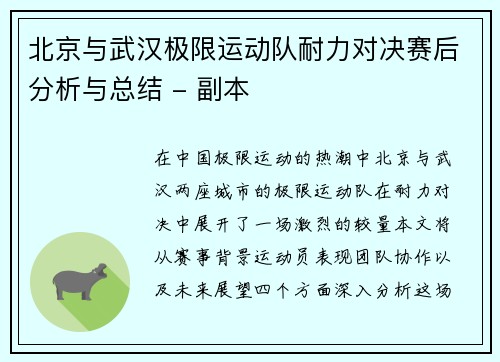 北京与武汉极限运动队耐力对决赛后分析与总结 - 副本